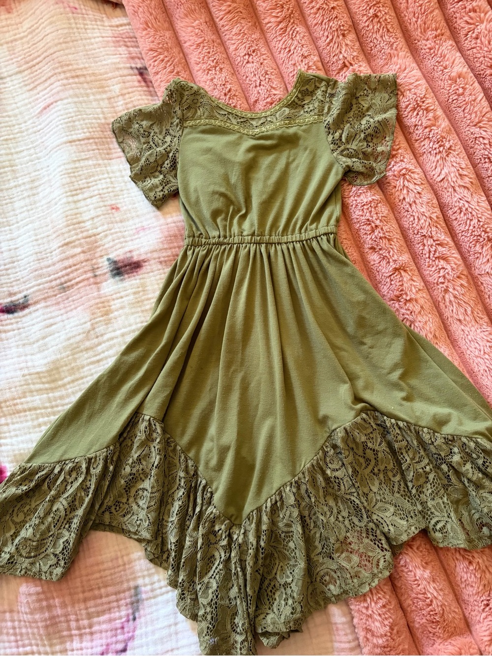Joyfolie Olive Green Lace-Trim Dress Girls 7